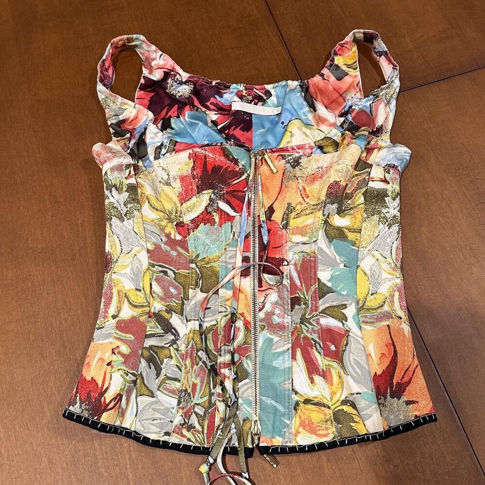 Roberto Cavalli S/S 2003 Bustier Corset Floral Abstract Print Denim Silk Top (M)